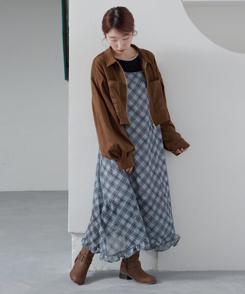 カスタネ　シアーチェックアシメワンピース セール】【肩紐調節可/裏地付き】シアーチェックアシメワンピース