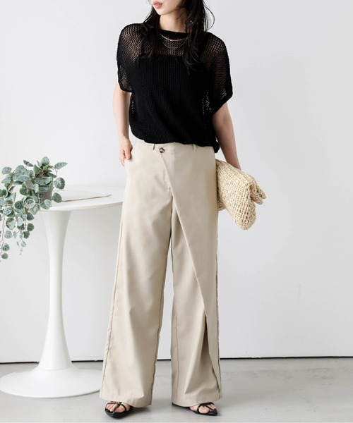 La-gemme（ラジェム）の「ラップデザインワイドパンツ（チノパンツ・レディース・グレー/ベージュ/ブラック・M/L）」の5枚目の写真