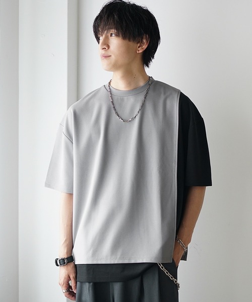 MinoriTY】梨地アシンメトリーバイカラーTシャツ レイヤードTシャツ
