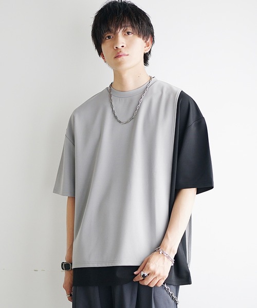 ENFOLD アシンメトリー Tシャツ グレー アシンメトリー重ね着風BIGミニ裏毛＆ロングTシャツセット(110~160cm