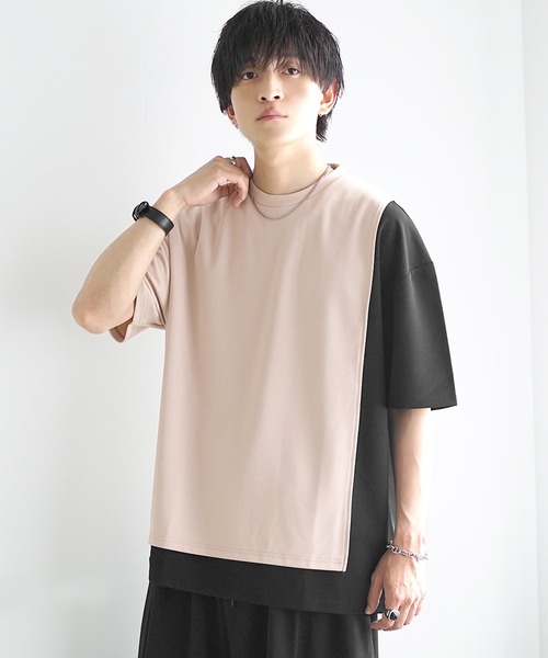 MinoriTY】梨地アシンメトリーバイカラーTシャツ レイヤードTシャツ