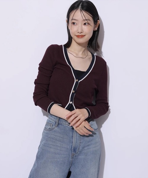 Mystrada（マイストラーダ）の「Ｗ配色ラインカーディガン（ニット/セーター・レディース・ネイビー/レッド系その他3/キャメル/ピンク・38）」の4枚目の写真