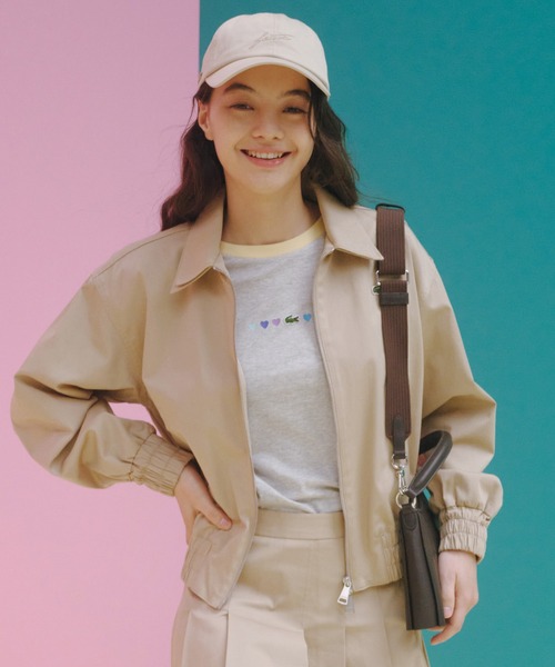 LACOSTE ラコステ　ノーカラージャケット 38 ベージュ セール】クロップド丈 レイヤードニットカラージップアップジャケット