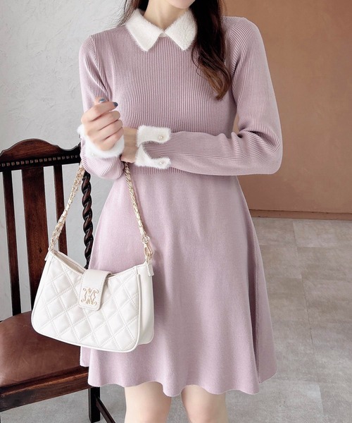 INGNI（イング）の「【WEB限定】襟フェザーリブニットワンピース（ワンピース・レディース・グレー×ホワイト/ブラック×ホワイト/ピンク系2・M）」の3枚目の写真