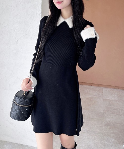 INGNI（イング）の「【WEB限定】襟フェザーリブニットワンピース（ワンピース・レディース・グレー×ホワイト/ブラック×ホワイト/ピンク系2・M）」の5枚目の写真