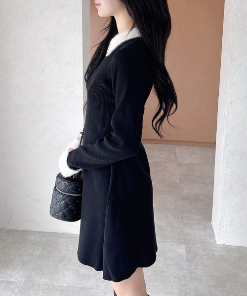 INGNI（イング）の「【WEB限定】襟フェザーリブニットワンピース（ワンピース・レディース・グレー×ホワイト/ブラック×ホワイト/ピンク系2・M）」の6枚目の写真