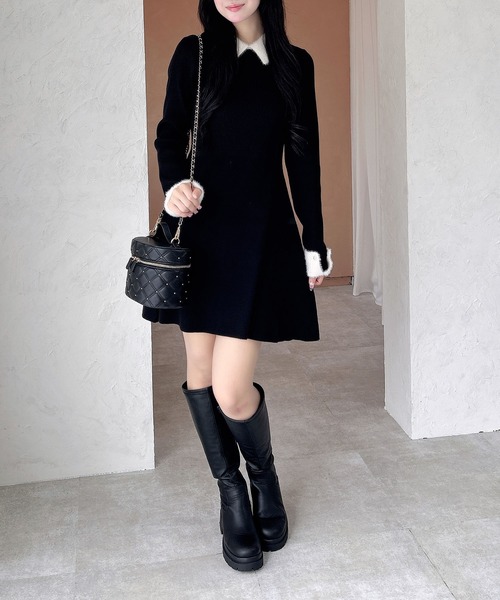 INGNI（イング）の「【WEB限定】襟フェザーリブニットワンピース（ワンピース・レディース・グレー×ホワイト/ブラック×ホワイト/ピンク系2・M）」の8枚目の写真