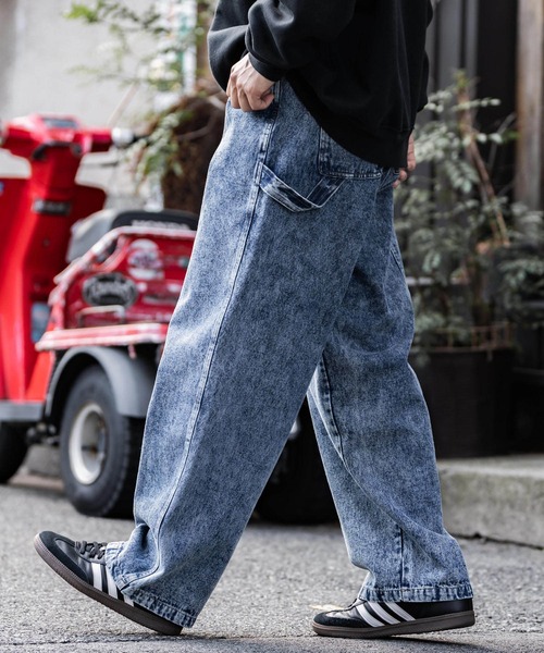 KANGOL（カンゴール）の「KANGOL カンゴール 別注コラボデニム・ツイルワイドテーパードペインターパンツ（デニムパンツ・メンズ・ブラック/ライトブラック/ワンウォッシュ/ケミカルウォッシュ/アイボリー/ブルー・M/L/XL）」の6枚目の写真