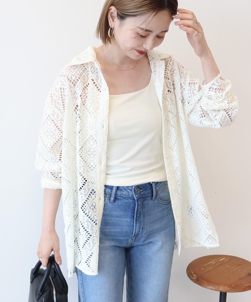 美品　アイボリー レース長袖シャツ アイボリー レース クロップド丈 長袖シャツ - メルカリ