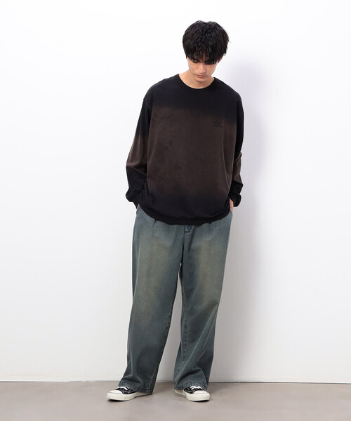 Purple&Yellow(パープルアンドイエロー)の「スプレー加工×ロゴ刺繍長袖Tシャツ(Tシャツ/カットソー・メンズ・ブラック/サックスブルー/ブラウン・SMALL/MEDIUM/LARGE)」の9枚目の写真