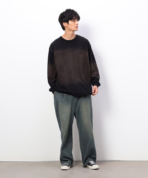 Purple&Yellow(パープルアンドイエロー)の「スプレー加工×ロゴ刺繍長袖Tシャツ(Tシャツ/カットソー・メンズ・ブラック/サックスブルー/ブラウン・SMALL/MEDIUM/LARGE)」の6枚目の写真