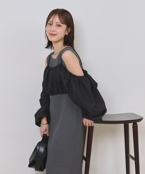 mystic（ミスティック）の「【@sktnnm企画】ホイップブラウスセットワンピース（ワンピース・レディース・チャコールグレー/アイボリー・2/1）」の3枚目の写真