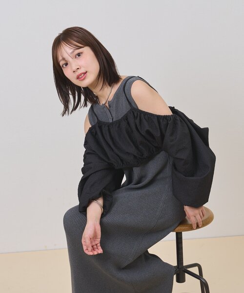 mystic（ミスティック）の「【@sktnnm企画】ホイップブラウスセットワンピース（ワンピース・レディース・チャコールグレー/アイボリー・2/1）」の2枚目の写真