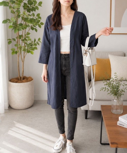 Amulet(アミュレット)の「軽くて疲れない◎さらっとした質感が人気★デイリーから通勤まで頼れる一枚 リネン風ノーカラーシャツアウター(ノーカラージャケット・レディース・ネイビー/ベージュ・L/M/S)」の9枚目の写真