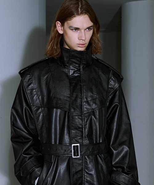 Ellno Loset（エルノロゼット）の「ハイネック合皮ロングコート（トレンチコート・メンズ・ブラック・SMALL/MEDIUM/LARGE）」の19枚目の写真