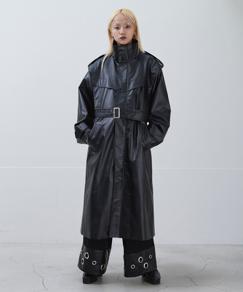 Ellno Loset（エルノロゼット）の「ハイネック合皮ロングコート（トレンチコート・メンズ・ブラック・SMALL/MEDIUM/LARGE）」の12枚目の写真