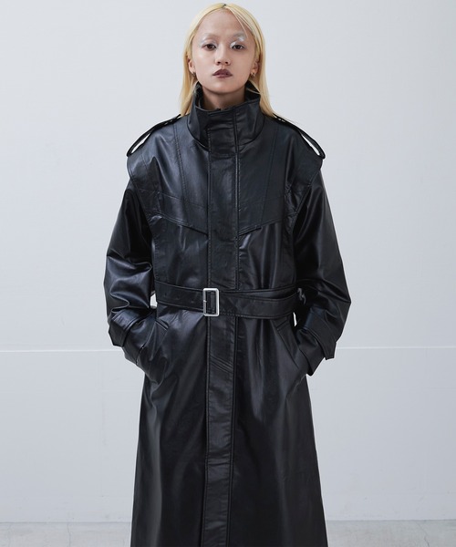 Ellno Loset（エルノロゼット）の「ハイネック合皮ロングコート（トレンチコート・メンズ・ブラック・SMALL/MEDIUM/LARGE）」の15枚目の写真