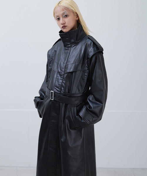 Ellno Loset（エルノロゼット）の「ハイネック合皮ロングコート（トレンチコート・メンズ・ブラック・SMALL/MEDIUM/LARGE）」の14枚目の写真