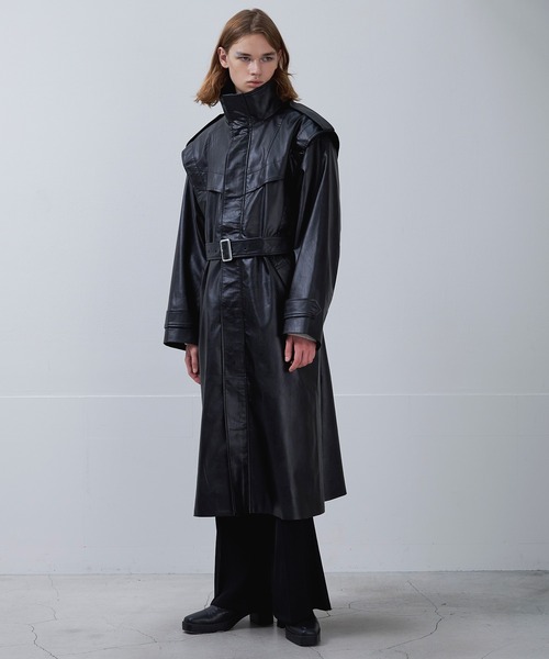 Ellno Loset（エルノロゼット）の「ハイネック合皮ロングコート（トレンチコート・メンズ・ブラック・SMALL/MEDIUM/LARGE）」の5枚目の写真