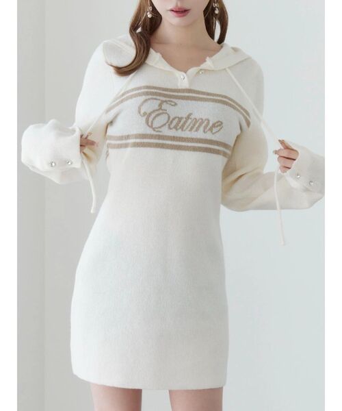 EATME（イートミー）の「フーディーロゴニットワンピース（ワンピース・レディース・ブラック/オフホワイト・FREE）」の2枚目の写真