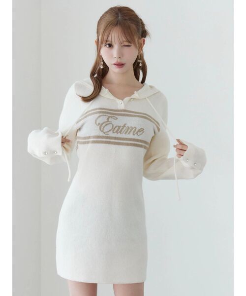 EATME（イートミー）の「フーディーロゴニットワンピース（ワンピース・レディース・ブラック/オフホワイト・FREE）」の4枚目の写真