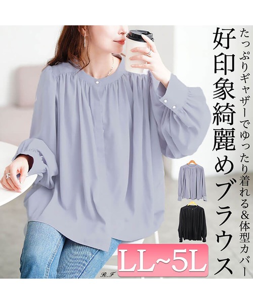 GOLDJAPAN(ゴールドジャパン)の「パールボタンバンドカラーギャザーブラウス【大きいサイズ対応】(シャツ/ブラウス・レディース・ブラック/ブルーグレー・LL/3L/4L/5L)」の3枚目の写真