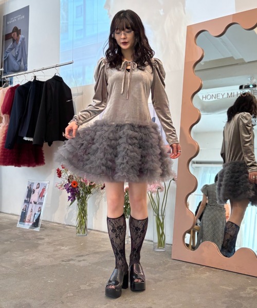 velour ribbon tulle mini one-piece（ワンピース）｜HONEY MI HONEY