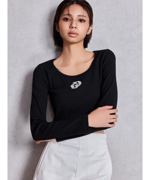 GYDA(ジェイダ)の「GDロゴラインストーンテレコトップス(Tシャツ/カットソー・レディース・ブラック/グレー/オフホワイト・FREE)」の3枚目の写真