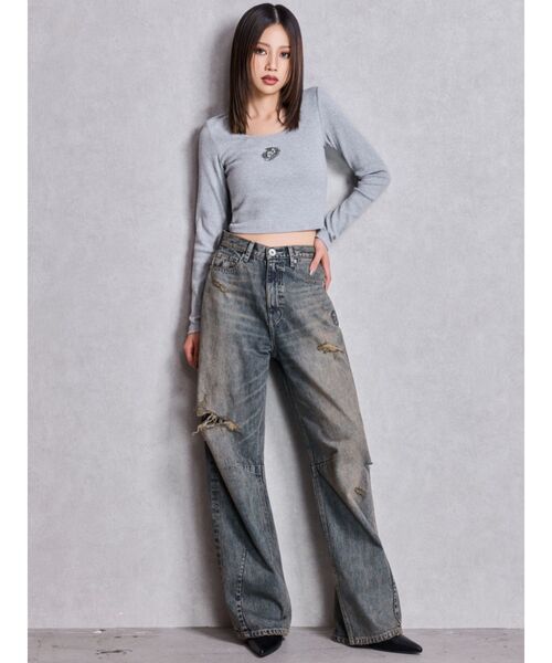 GYDA(ジェイダ)の「GDロゴラインストーンテレコトップス(Tシャツ/カットソー・レディース・ブラック/グレー/オフホワイト・FREE)」の9枚目の写真