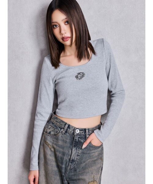 GYDA(ジェイダ)の「GDロゴラインストーンテレコトップス(Tシャツ/カットソー・レディース・ブラック/グレー/オフホワイト・FREE)」の5枚目の写真