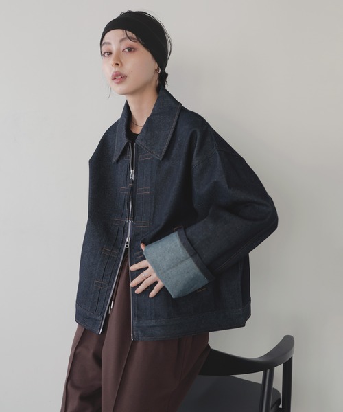 セール】ステッチデザインビックデニムジャケット（デニムジャケット