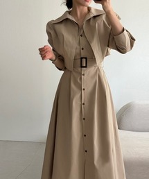 ショート丈ジャケット&ウエストベルト前開シャツワンピース
