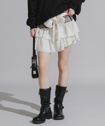 Chick | Tiered Mini Skirt with Waist Tie Belt and Ruffled Lace / 腰巻きベルト付き フリルレース ティアードミニスカート(スカート)