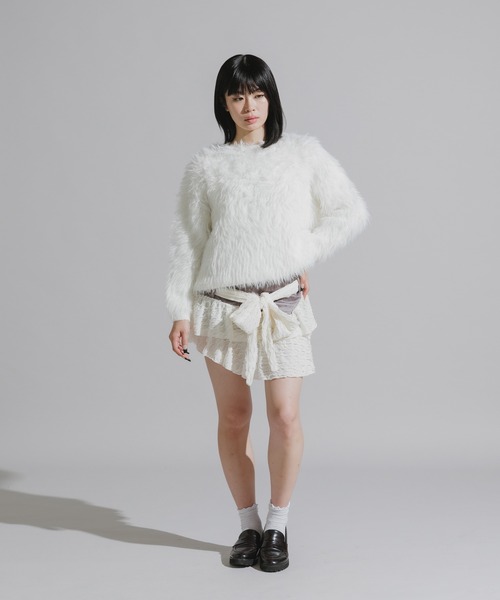 Chick（チック）の「Tiered Mini Skirt with Waist Tie Belt and Ruffled Lace / 腰巻きベルト付き フリルレース ティアードミニスカート（スカート・レディース・ホワイト・FREE）」の6枚目の写真