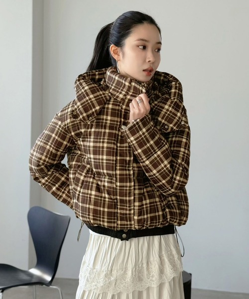 セール】スタンドフーディーチェックパファーブルゾン（ダウン