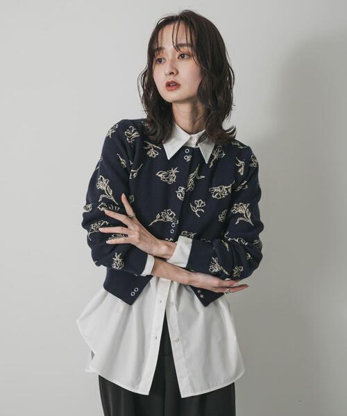 セール】『洗濯可』ジャガードフラワーコンパクトニットカーディガン