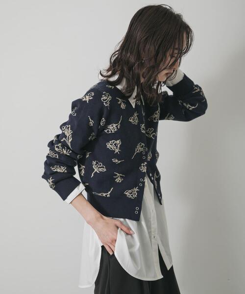 セール】『洗濯可』ジャガードフラワーコンパクトニットカーディガン