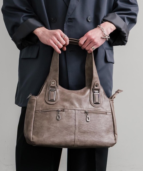 Rocky Monroe（ロッキーモンロー）の「2WAY PUレザーショルダーバッグ/トートバッグ（ショルダーバッグ・メンズ・ブラック/グレイッシュベージュ/ブルー/ブラウン/ワイン/パープル・FREE）」の3枚目の写真