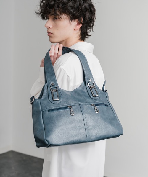 Rocky Monroe（ロッキーモンロー）の「2WAY PUレザーショルダーバッグ/トートバッグ（ショルダーバッグ・メンズ・ブラック/グレイッシュベージュ/ブルー/ブラウン/ワイン/パープル・FREE）」の4枚目の写真