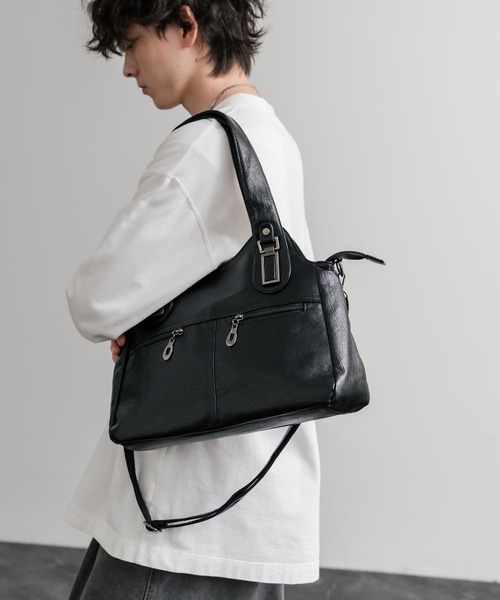 Rocky Monroe（ロッキーモンロー）の「2WAY PUレザーショルダーバッグ/トートバッグ（ショルダーバッグ・メンズ・ブラック/グレイッシュベージュ/ブルー/ブラウン/ワイン/パープル・FREE）」の12枚目の写真