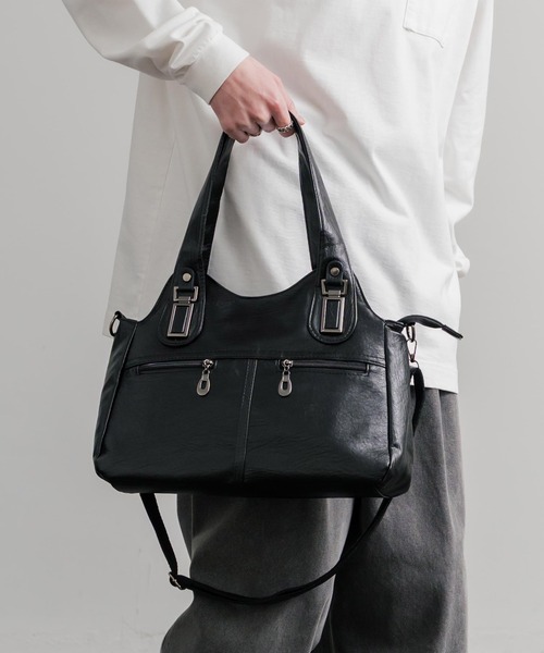 Rocky Monroe（ロッキーモンロー）の「2WAY PUレザーショルダーバッグ/トートバッグ（ショルダーバッグ・メンズ・ブラック/グレイッシュベージュ/ブルー/ブラウン/ワイン/パープル・FREE）」の11枚目の写真