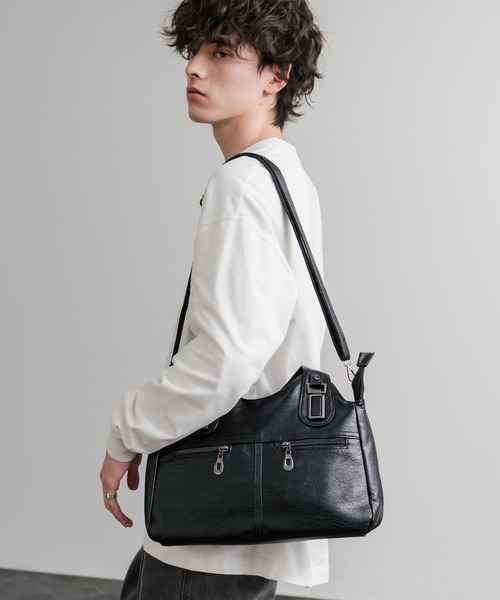 Rocky Monroe（ロッキーモンロー）の「2WAY PUレザーショルダーバッグ/トートバッグ（ショルダーバッグ・メンズ・ブラック/グレイッシュベージュ/ブルー/ブラウン/ワイン/パープル・FREE）」の10枚目の写真