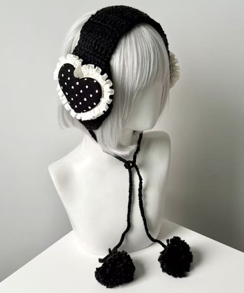 3色展開】ドットハート×ポンポン ハンドニット イヤーマフ（イヤーマフ
