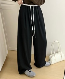 【ウエストゴム/調節紐付き】旬のウエストフリルがアクセント。ワンタック ギャザー リボンツイル ワイド イージーパンツ レディース