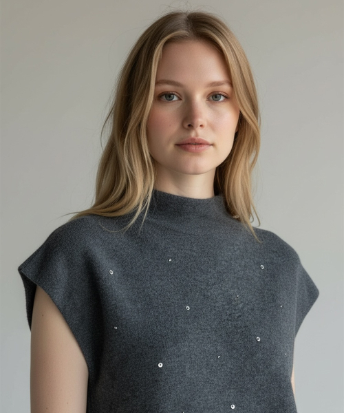 BORN SLIPPY(ボーンスリッピー)の「Soft Crystal Drift Mock Neck Knit (Gray)(ベスト・レディース・その他・FREE)」の1枚目の写真