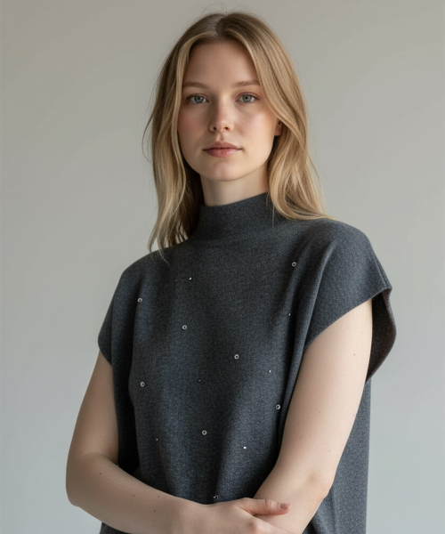 BORN SLIPPY(ボーンスリッピー)の「Soft Crystal Drift Mock Neck Knit (Gray)(ベスト・レディース・その他・FREE)」の2枚目の写真