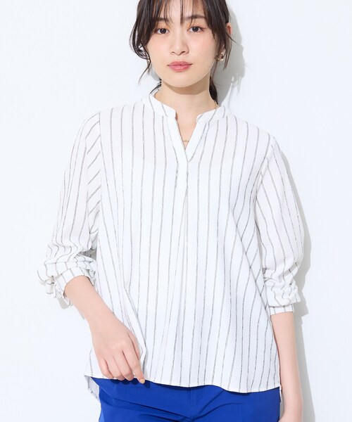 INDIVI(インディヴィ)の「【洗える/着心地楽ちん】ブラウス風ストライプカットソートップス(Tシャツ/カットソー・レディース・サックスブルー系2/ブラック系2/ホワイト系3・38/34/15 /13/05)」の5枚目の写真