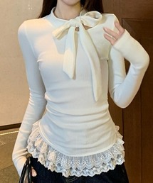 リボンタイ付きリブフリルヘムトップス