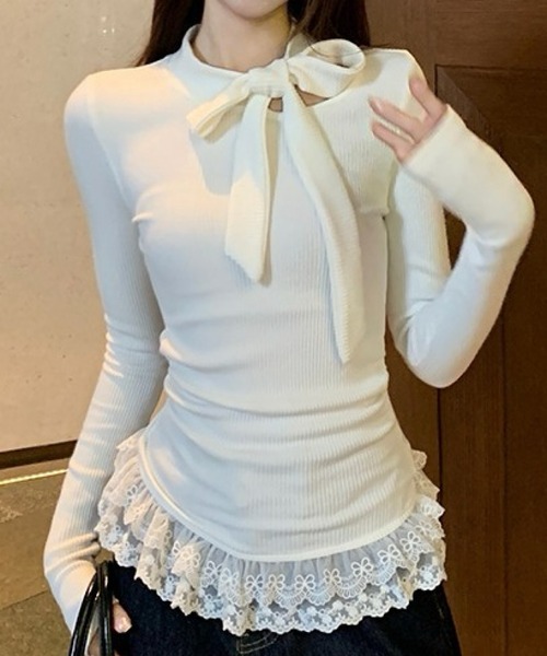 おしゃれスタ(オシャレスタ)の「リボンタイ付きリブフリルヘムトップス(その他トップス・レディース・ホワイト/グレー・XL/L/M/S)」の1枚目の写真