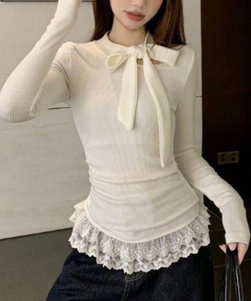 おしゃれスタ(オシャレスタ)の「リボンタイ付きリブフリルヘムトップス(その他トップス・レディース・ホワイト/グレー・XL/L/M/S)」の8枚目の写真